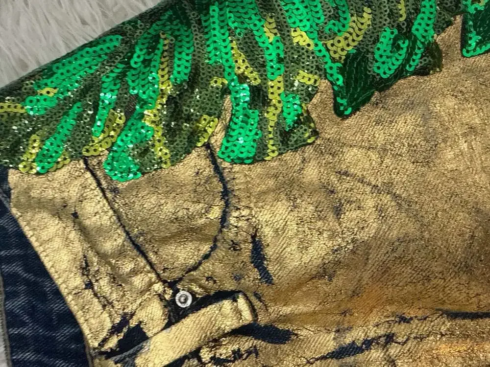 Judith March 5/27 Denim Shorts with Gold Paint and Green Sequins